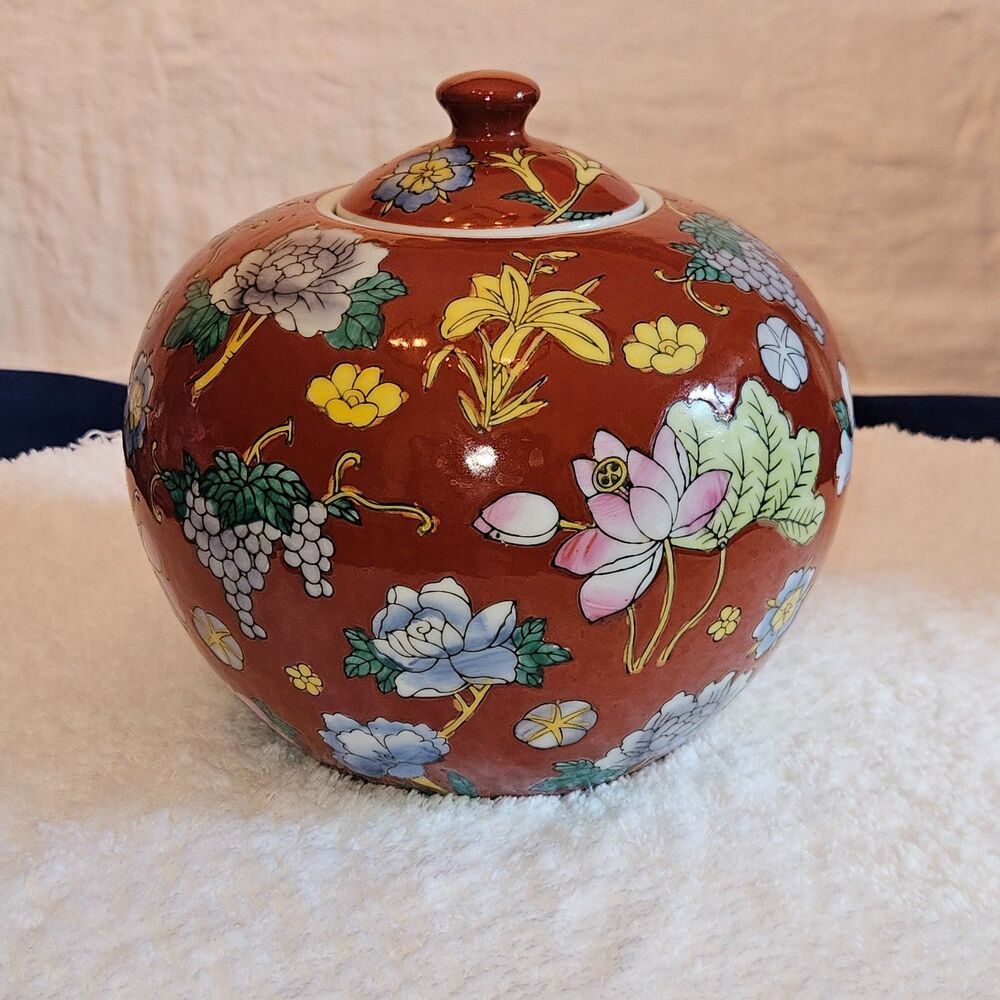 Elina Blue Orange-Red Asian Inspired Vessel with Lid ~8x8"